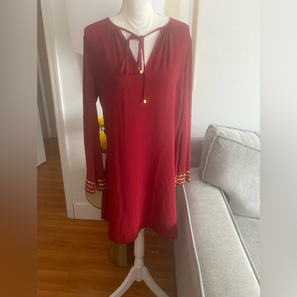 Michael Kors Red Golden Boho Studs Holiday Flowy Tunic Mini Dress size M - Picture 4 of 16